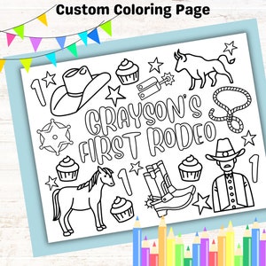 Custom My First Rodeo Coloring Pages for Kids Birthday Party, Personalized Cowboy Birthday Party Favor, Kids Party Printable 1 year old