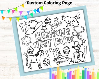 Custom My First Rodeo Coloring Pages for Kids Birthday Party, Personalized Cowboy Birthday Party Favor, Kids Party Printable 1 year old