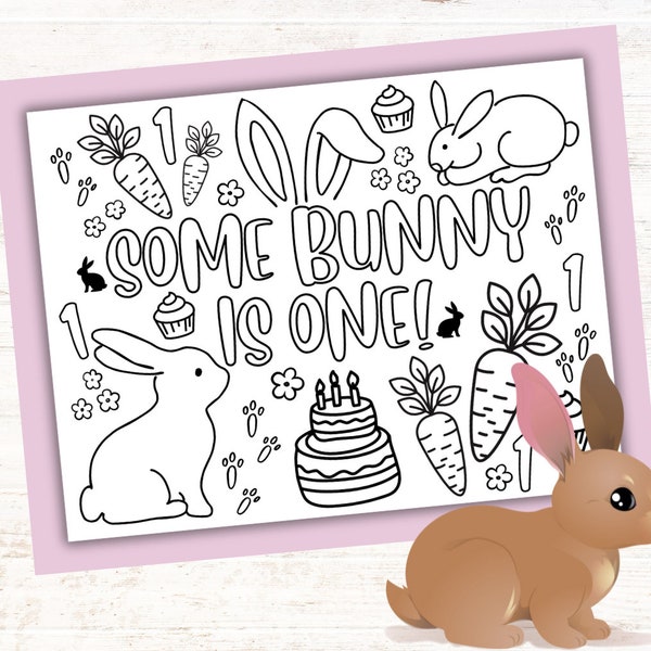 Some Bunny is One Coloring Pages for Kids Birthday Party, Rabbit Birthday Party Favor, Kids Party Printable Coloring Page 1 year old