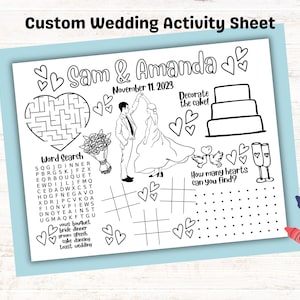 Página personalizada para colorear y actividades de boda para niños, mantel individual de boda, página para colorear imprimible de ducha para niños 1 2 3 4 5 6 Actividad de 7 años