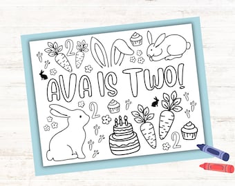 Custom Bunny Birthday Coloring Page: Two Year Old Party (Digital Download)