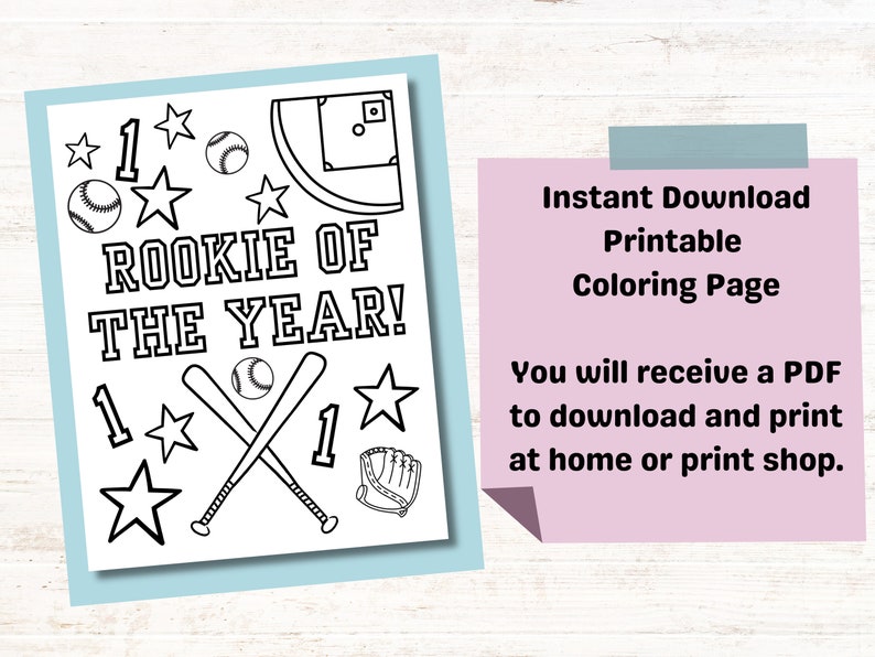 Rookie of the Year Coloring Page for Kids Birthday Party, Baseball ...