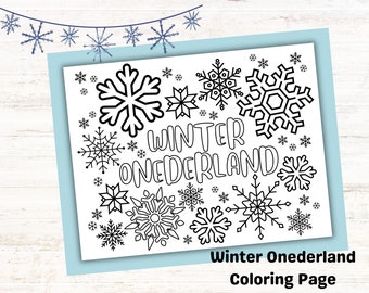 Winter Onederland Coloring Page for Kids Birthday Party, Snowflake Birthday Party Favor, Kids Party Printable Coloring Page 1 year old