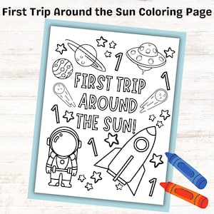 First Trip Around the Sun Coloring Page Kids Birthday Party Activity, Kids Party Printable Coloring Page 1 year old Space Birthday Party