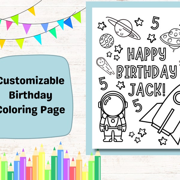 Custom Birthday Coloring Pages for Kids Party, Astronaut Birthday Party Activity, Kids Party Single Printable Coloring Page Space Rocket