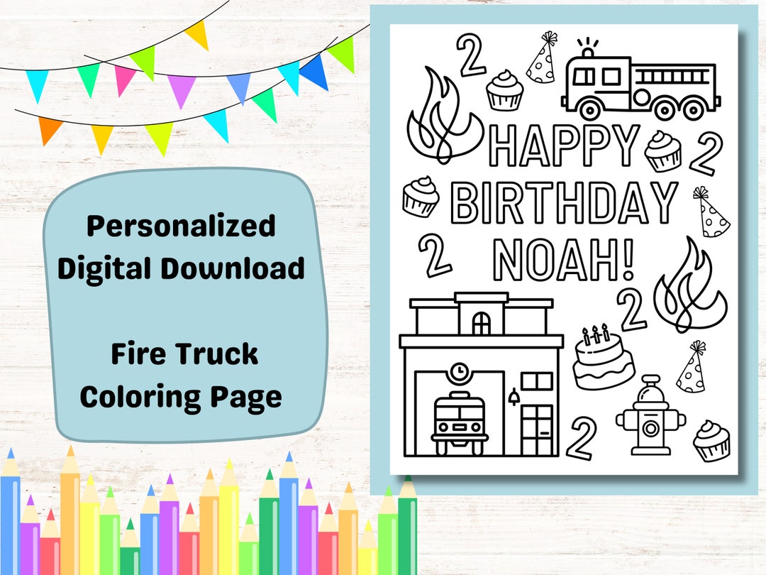 Fire Truck Custom Coloring Page Kids Birthday Party Activity, Personalized Fireman Printable ...