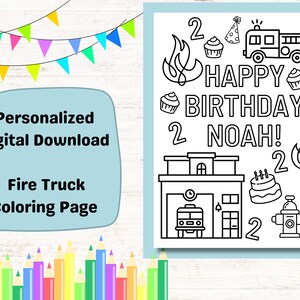 Fire Truck Custom Coloring Page Kids Birthday Party Activity, Personalized Fireman Printable Coloring Page Fire Engine Birthday Party