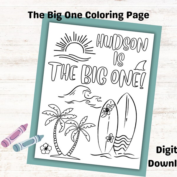 Custom Surfing Coloring Page for Kids Party, The Big One Themed Sheet, First Second Third Fourth Birthday, Retro Surf Beach