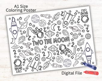 Peut inclure: Affiche de coloriage A1 en noir et blanc avec des illustrations sur le thème de l'espace, comprenant des fusées, des planètes, des astronautes et le texte "TWO THE MOON!". Comprend un crayon bleu et rouge.