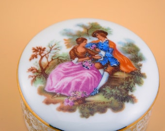Limoges Porcelain Trinket Box – Fragonard Courting Scene, Gold Decor