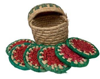 Vintage Handmade Straw Coasters | Ethnic, Vibrant Colored | 6pcs Set w/Storage Box