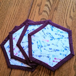 Library Date Stamp Themed Quilted Fabric Coasters/Mug Rugs Reversible Hexagon Shaped Set of 4 Handcrafted White Burgandy and Multi Colored