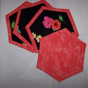 Reversible Hexagon Shaped Quilted Fabric Coasters/Mug Rugs in Dramatic Black Floral and Coral Handcrafted Set of 4