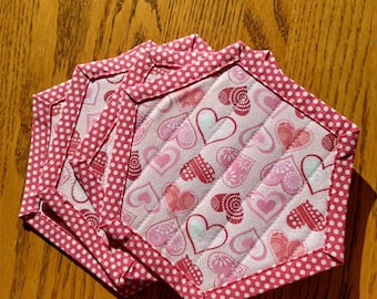 Valentine's Day Quilted Fabric Coasters/Mug Rugs Reversible Hexagon Shaped Set of 4 Handcrafted Pink and Red