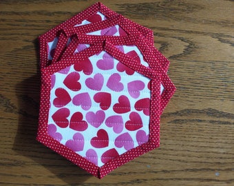 Valentine's Day Quilted Fabric Coasters/Mug Rugs Reversible Hexagon Shaped Set of 4 Handcrafted Pink Red White