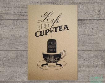 Kitchen Wall Art, Tea themed gift, Wall Decor, Gift for Tea Lover, Tea Letterpress art print, Life is Like a Cup of Tea, JJD_LP_TEAP-K