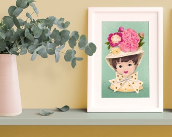 Vintage Lady Head Girl Planter with Peonies Art Print