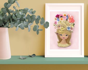 Vintage Lady Head Art Print with Spring Flowers