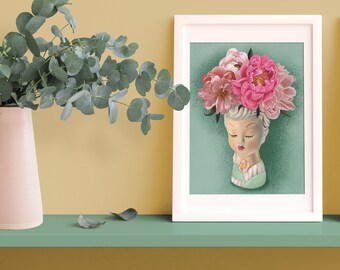 Vintage Lady Head Art Print with Peonies