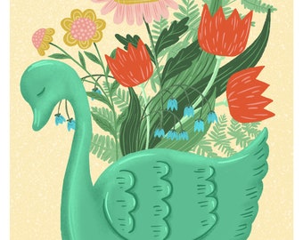Vintage inspired Spring Floral Swan Planter Illustration by Jilly Jack Designs