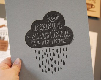 Encouragement, Wall art, Home decor, Silver Lining Letterpress Print, JJD-LP-SL-G