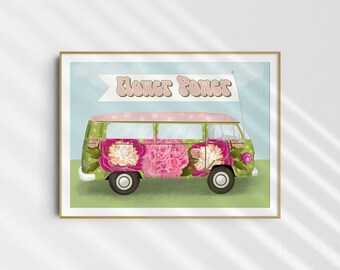 Peony Hippy Bus Art Print by Jilly Jack Designs