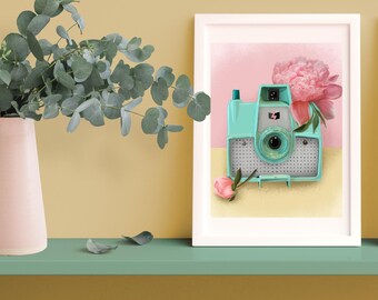 Vintage Camera Art Print with Peony Flower