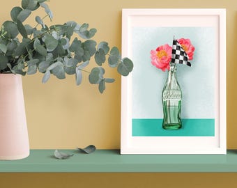 Indiana in May Themed Print with Peony Flowers and Checkered Flags