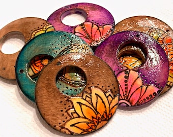 Round Wood Burned and Hand Painted Flower Beads