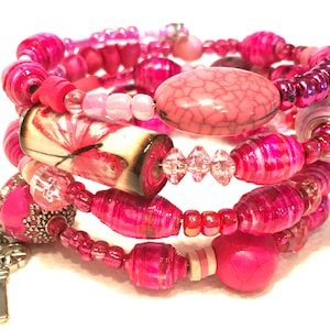 Memory Wire Paper Bead Bracelet- Pink Boho Gypsy