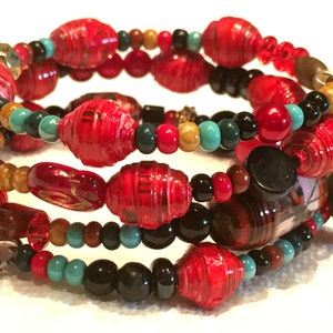 Memory Wire Paper Bead Bracelet- Red Boho Gypsy