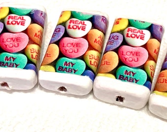 Bamboo Tile Beads- Valentine Candy Conversation Hearts-Double Sided
