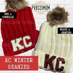 Chenille Patch KC Beanie, Red and White Kansas City Hat, Warm Winter KC Hat, Kansas City Football Beanie, Glitter Patch knit Hat for Women image 1