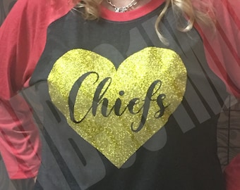 Sports Mom Chiefs Glitter Game Day Shirt, Gold Glitter Heart, Kansas City Football Team, Spirit Wear Athletic Tops, KC Football Tee Shirt
