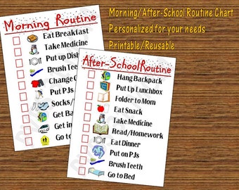 May include: Two printable checklists for kids to use as a morning and after-school routine. The checklists have boxes to check off tasks like eating breakfast, taking medicine, putting on pajamas, and brushing teeth. The checklists are designed to help kids stay organized and on track.