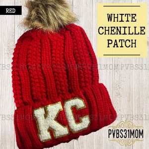 Chenille Patch KC Beanie, Red and White Kansas City Hat, Warm Winter KC Hat, Kansas City Football Beanie, Glitter Patch knit Hat for Women White Chenille