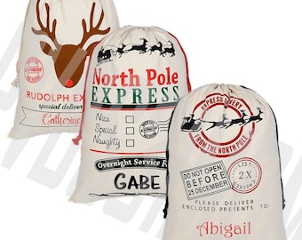 Personalized Santa Sacks for Christmas Gifts, Reindeer Bag, North Pole Gifts, Christmas Gift Bags Customized with Name, Christmas Wrapping
