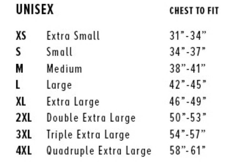 May include: A size chart for unisex clothing, listing sizes from XS to 4XL. Chest measurements are provided in inches, ranging from 31"-34" for XS to 58"-61" for 4XL. The chart is in black and white.