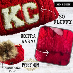 Chenille Patch KC Beanie, Red and White Kansas City Hat, Warm Winter KC Hat, Kansas City Football Beanie, Glitter Patch knit Hat for Women image 5