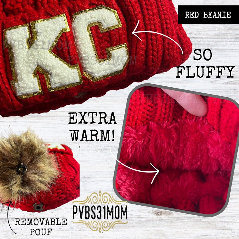 Chenille Patch KC Beanie, Red and White Kansas City Hat, Warm Winter KC Hat, Kansas City Football Beanie, Glitter Patch knit Hat for Women image 5