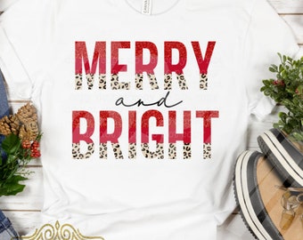 Merry and Bright Glitter Look Christmas Shirt, Glitter Christmas Tee, Leopard Print Christmas T Shirt, Cute Christmas Top for Her, Xmas Tee