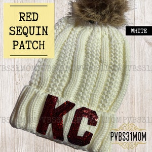 Chenille Patch KC Beanie, Red and White Kansas City Hat, Warm Winter KC Hat, Kansas City Football Beanie, Glitter Patch knit Hat for Women Red Sequins
