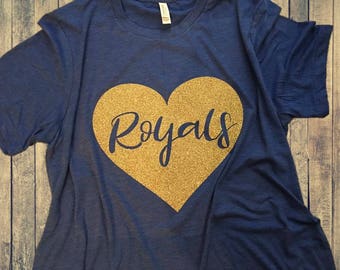 Gold Glitter Team Spirit Womens Shirt, Custom Baseball Mom Team Shirt, Royals Baseball Spirit Wear, Heart Graphic Glitter Shirt