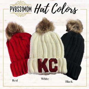 Chenille Patch KC Beanie, Red and White Kansas City Hat, Warm Winter KC Hat, Kansas City Football Beanie, Glitter Patch knit Hat for Women image 6