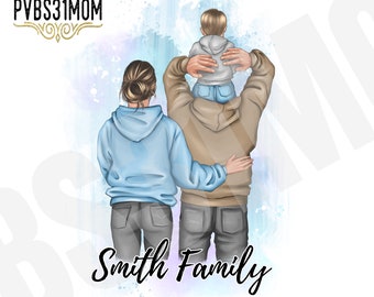 Custom Family Drawing, Kid on Dad's Shoulders Family, Watercolor Family Photo, Family of Three Portrait, Fathers Day Gift, Mothers Day Gift