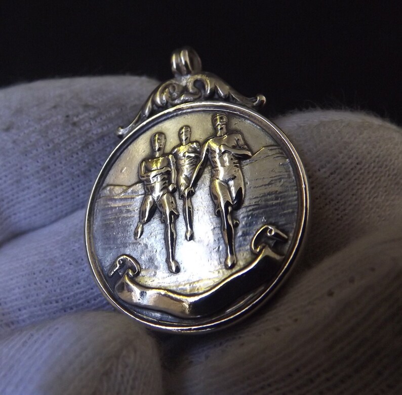 Antique Sterling Silver Watch Chain Fob Medallion Athletes Etsy