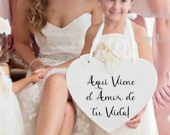 Rotulo de Boda en Forma de Corazon | Anuncio Aqui Viene la Novia | Personalized Wedding Heart Sign: "Here Comes Your Bride" Announcement