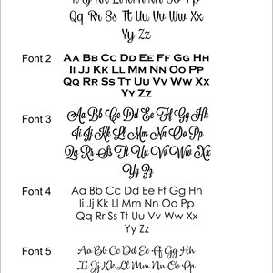 May include: A white background displays five different font styles, each showcasing the alphabet from A to Z. The fonts vary in style, including serif, sans-serif, and script, with the text "Font" preceding each sample.