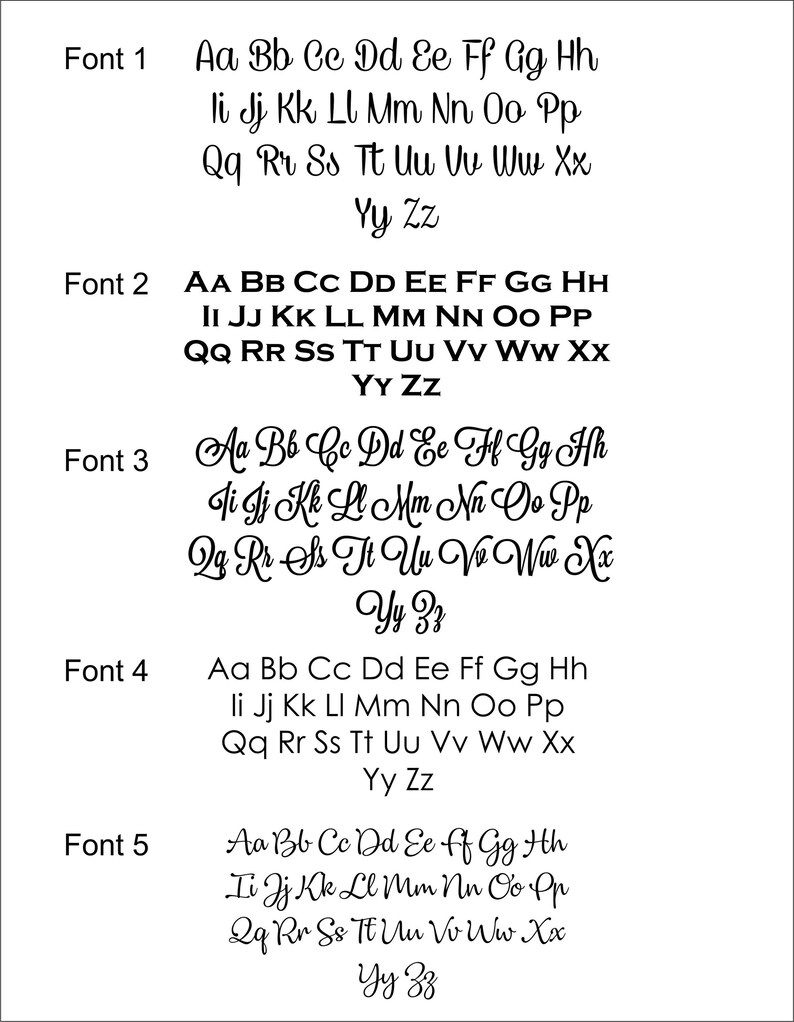 May include: A white background displays five different font styles, each showcasing the alphabet from A to Z. The fonts vary in style, including serif, sans-serif, and script, with the text "Font" preceding each sample.