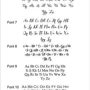May include: A white background displays examples of various fonts. The image showcases five different font styles, labeled Font 6 through Font 10. Each font is presented with the full alphabet, both uppercase and lowercase, for easy reference and comparison.